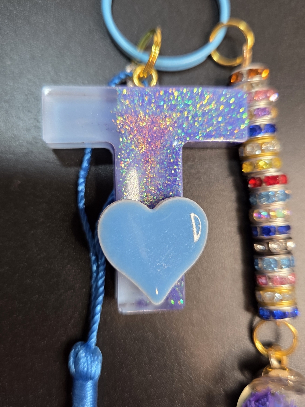 Sparkle Letter "T" with a Stone Blue Heart, Bling Beads & Tassel!